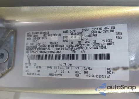 2013 Ford Escape Sel z USA, uszkodzony, nr VIN 1FMCU9HX4DUD40365